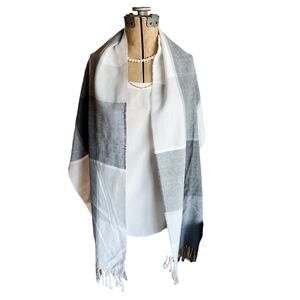 Express white gray buffalo plaid long scarf wrap 11 x 64"